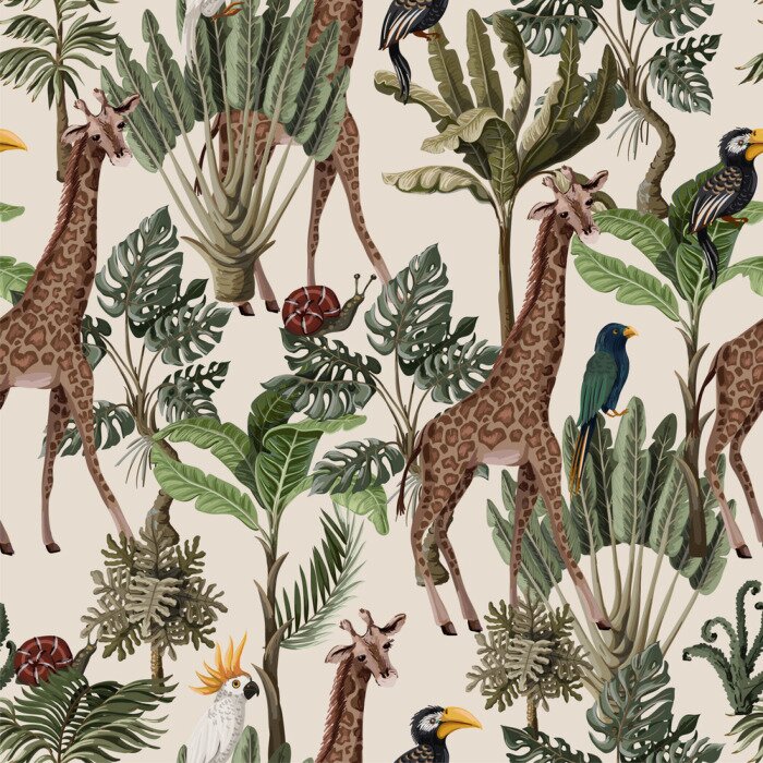 Papier peint à motif  Animaux sauvages vintage dans la jungle
