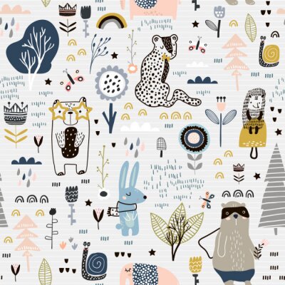 Papier peint à motif  Animaux scandinaves et plantes géométriques