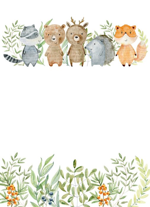 Papier peint à motif  Animaux souriants de la forêt et thème des feuilles vertes