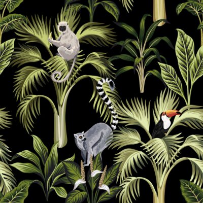 Papier peint à motif  Animaux sur des arbres exotiques sur fond noir