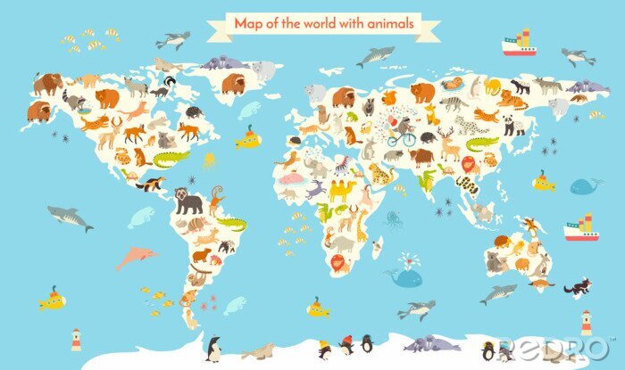 Papier peint à motif  Animaux sur une carte du monde pour enfants