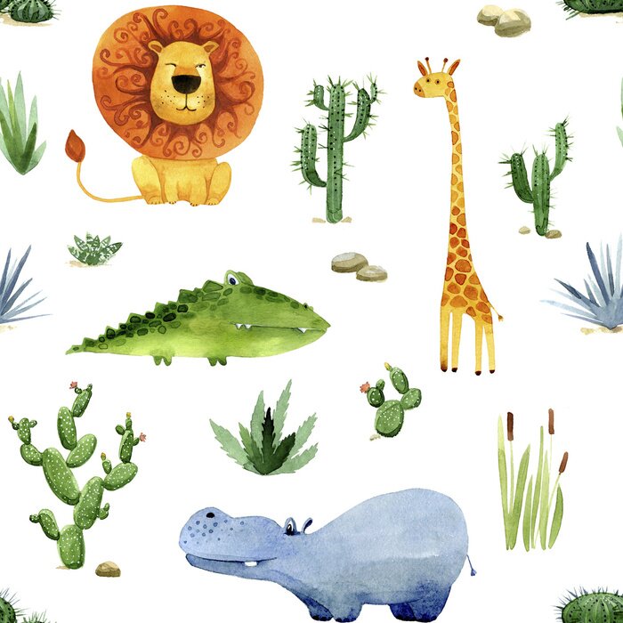 Papier peint à motif  Aquarelle animaux et plantes d'Afrique