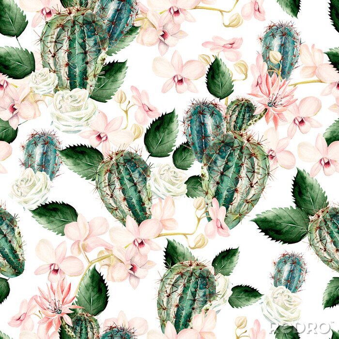 Papier peint à motif  Aquarelle avec cactus, rose et orchidées.