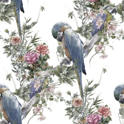 Papier peint à motif  Aquarelle avec des oiseaux et des fleurs, motif transparent sur fond blanc