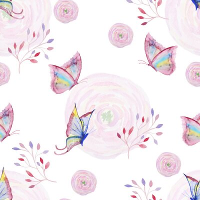 Papier peint à motif  Aquarelle avec papillons et plantes