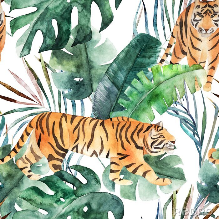 Papier peint à motif  Aquarelle avec un tigre et une jungle
