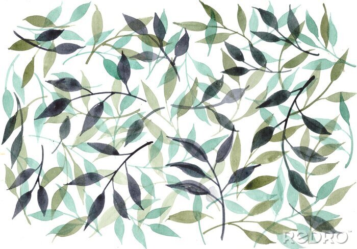 Papier peint à motif  Aquarelle d'arrière-plan floral avec des feuilles et des branches vertes.