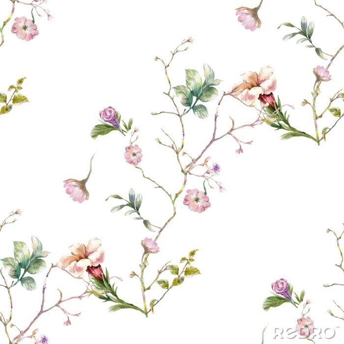 Papier peint à motif  Aquarelle de feuilles et de fleurs, modèle sans couture sur fond blanc