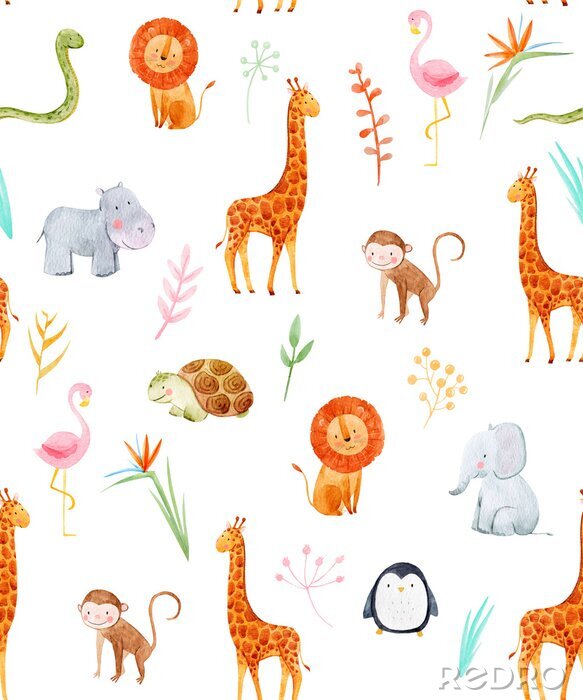 Papier peint à motif  Aquarelle et animaux safari