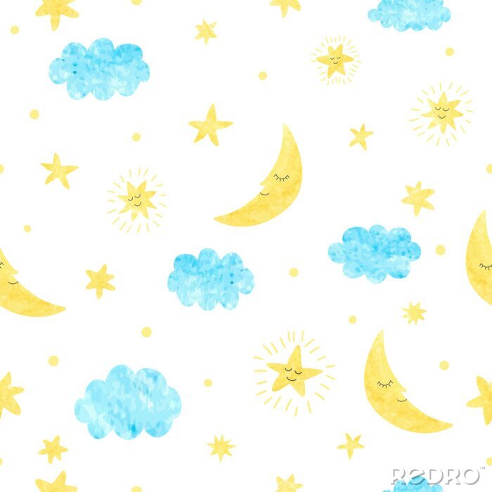 Papier peint à motif  Aquarelle étoiles, lunes et nuages