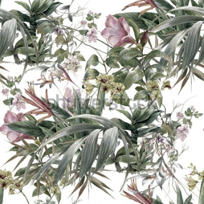 Papier peint à motif  Aquarelle feuilles et fleurs délicates