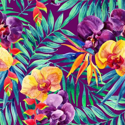 Papier peint à motif  Aquarelle feuilles tropicales et des fleurs modèle sans soudure.