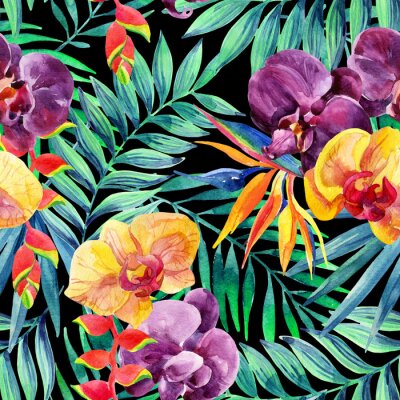 Papier peint à motif  Aquarelle feuilles tropicales et des fleurs modèle sans soudure.