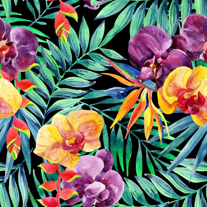 Papier peint à motif  Aquarelle feuilles tropicales et des fleurs modèle sans soudure.