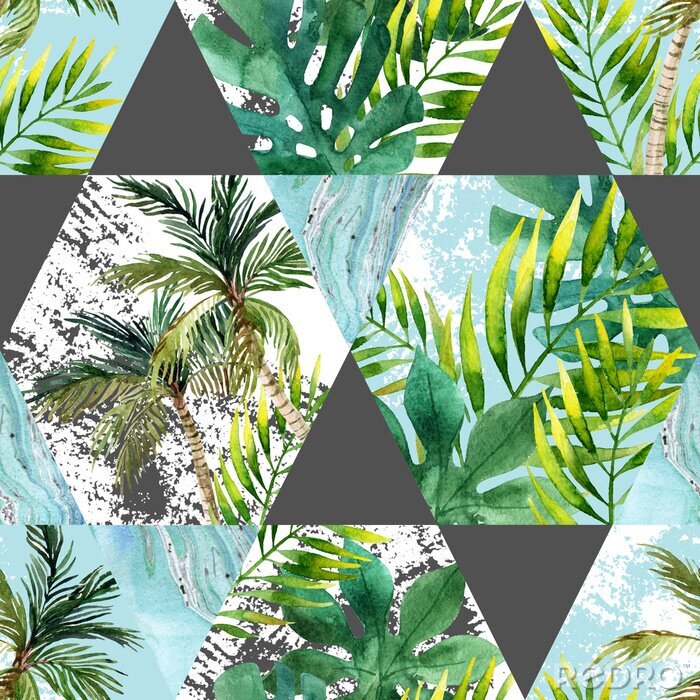 Papier peint à motif  Aquarelle feuilles tropicales et palmiers en forme géométrique motif transparent