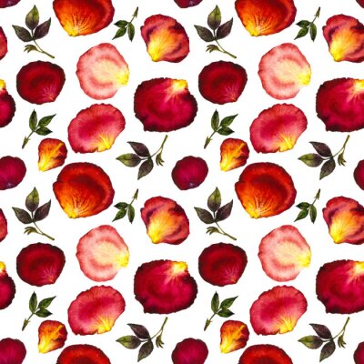 Papier peint à motif  Aquarelle modèle sans soudure de pétales roses et rouges et feuilles de roses sur fond blanc. Illustration d'aquarelle. Design pour tissu, textile, papier d'emballage, carte, invitation, papier peint,