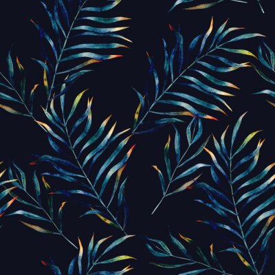Papier peint à motif  Aquarelle, motif exotique sans soudure, feuilles tropicales vertes, illustration d'été botanique sur fond noir