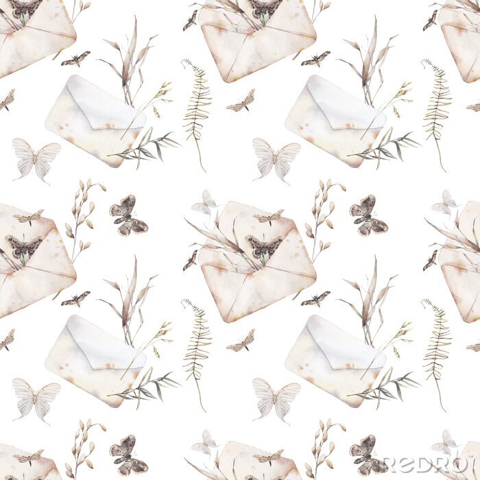 Papier peint à motif  Aquarelle papillon et modèle sans couture d'herbes champ été. Texture peinte à la main avec enveloppe, mite et éléments botaniques: plantes, fougères, feuilles. Fond naturel répété