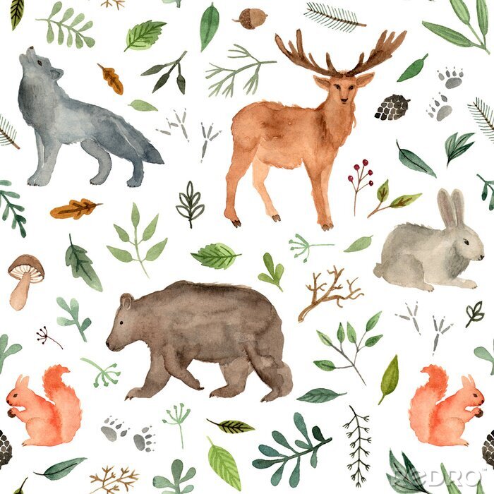 Papier peint à motif  aquarelle peinte à la main des animaux de la forêt. ours brun, fauve, lapin, loup, écureuil. modèle sans couture animaux des bois.