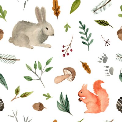 Papier peint à motif  aquarelle peinte à la main des animaux - écureuil et lapin. modèle sans couture équipe de forêt sur fond blanc