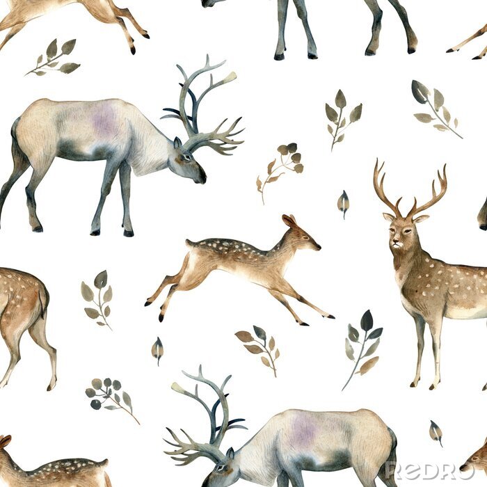 Papier peint à motif  Aquarelle réaliste animaux forestiers esquisse. Motif de seamles sur le cerf, le cerf, l'orignal et les feuilles