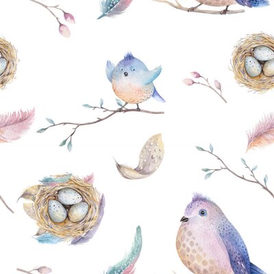 Papier peint à motif  Aquarelle, ressort, rustique, modèle, nid, oiseaux, branche, arbre