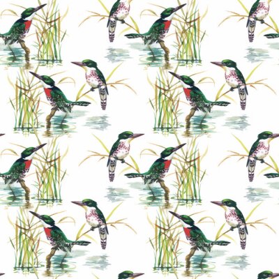 Papier peint à motif  Aquarelle sauvages oiseaux exotiques sur les fleurs seamless sur