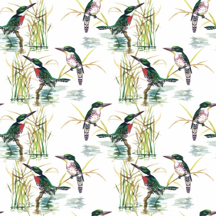 Papier peint à motif  Aquarelle sauvages oiseaux exotiques sur les fleurs seamless sur