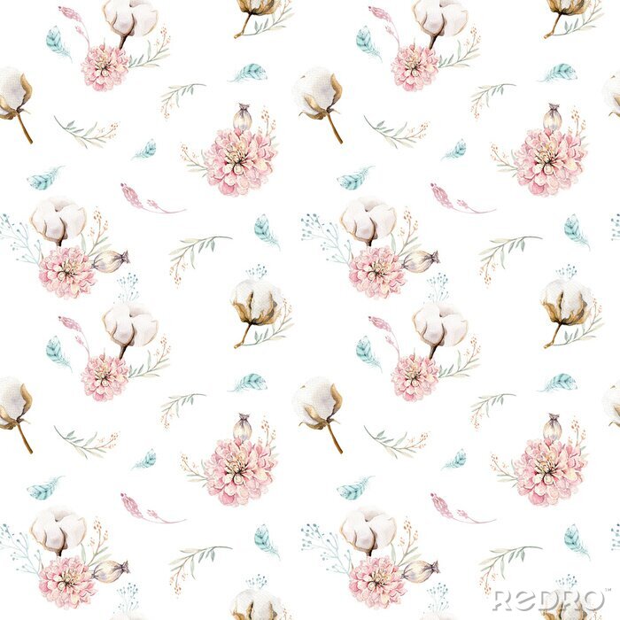 Papier peint à motif  Aquarelle transparente motif floral avec du coton. Motifs naturels de Bohême: feuilles, plumes, fleurs, fond blanc boho rose. Illustration de décoration artistique Design textile