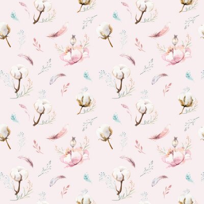 Papier peint à motif  Aquarelle transparente motif floral avec du coton. Motifs naturels de Bohême: feuilles, plumes, fleurs, fond blanc boho rose. Illustration de décoration artistique Design textile