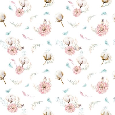 Papier peint à motif  Aquarelle transparente motif floral avec du coton. Motifs naturels de Bohême: feuilles, plumes, fleurs, fond blanc boho rose. Illustration de décoration artistique Design textile
