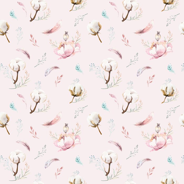 Papier peint à motif  Aquarelle transparente motif floral avec du coton. Motifs naturels de Bohême: feuilles, plumes, fleurs, fond blanc boho rose. Illustration de décoration artistique Design textile
