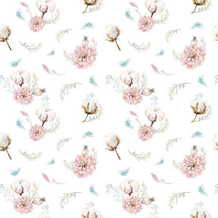 Papier peint à motif  Aquarelle transparente motif floral avec du coton. Motifs naturels de Bohême: feuilles, plumes, fleurs, fond blanc boho rose. Illustration de décoration artistique Design textile