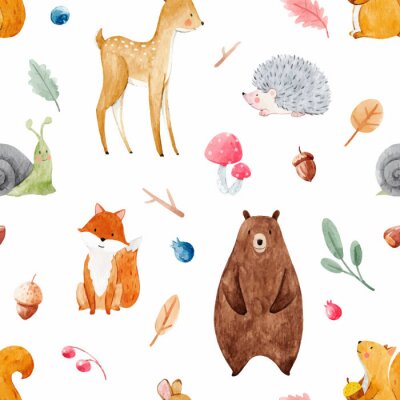 Papier peint à motif  Aquarelles avec des animaux de la forêt