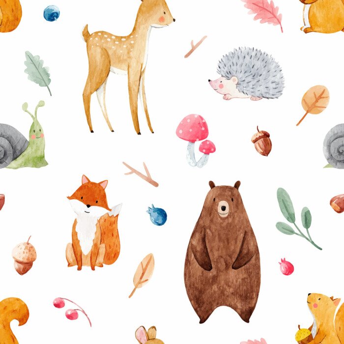 Papier peint à motif  Aquarelles avec des animaux de la forêt