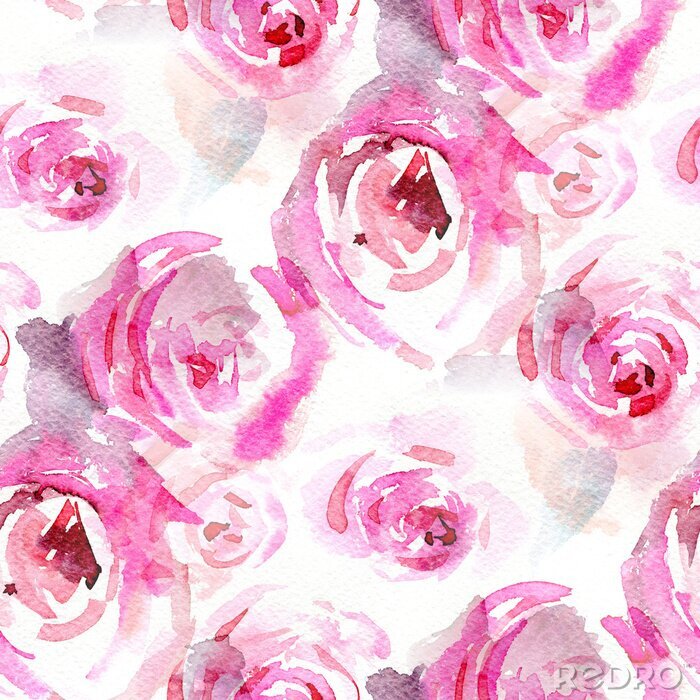Papier peint à motif  Aquarelles roses roses sur fond blanc