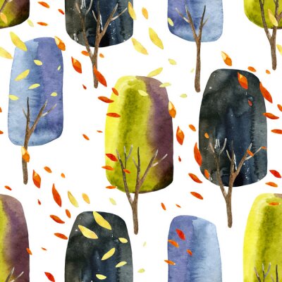 Papier peint à motif  Arbres aquarelles - feuilles qui tombent