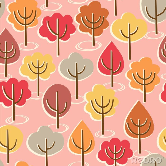 Papier peint à motif  Arbres aux couleurs d'automne sur fond rose