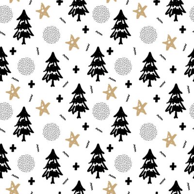 Papier peint à motif  Arbres de Noël, boules de neige et étoiles