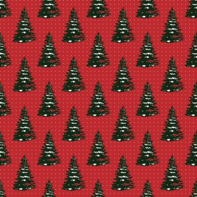 Papier peint à motif  Arbres de Noël enneigés sur fond rouge