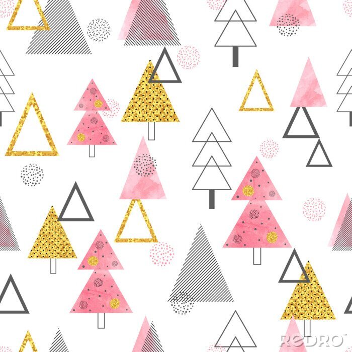 Papier peint à motif  Arbres de Noël jaune et rose