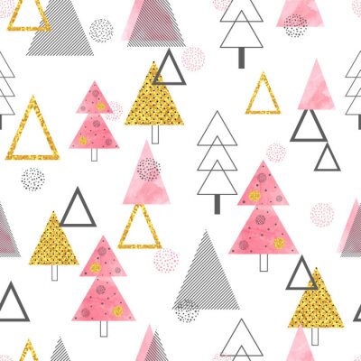 Papier peint à motif  Arbres de Noël jaune et rose