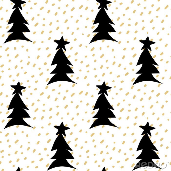 Papier peint à motif  Arbres de Noël noirs parmi les confettis dorés