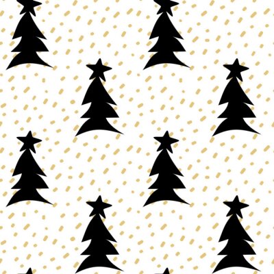 Papier peint à motif  Arbres de Noël noirs parmi les confettis dorés