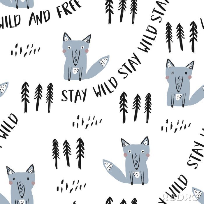 Papier peint à motif  Arbres de style scandinave avec des loups