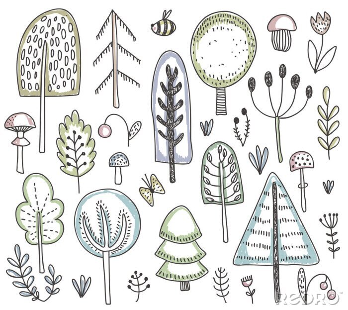 Papier peint à motif  Arbres dessinés et plantes forestières
