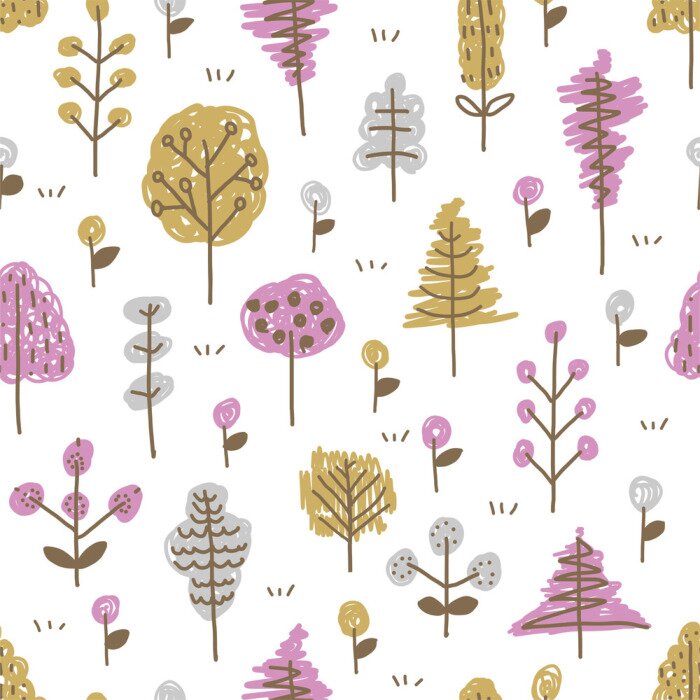 Papier peint à motif  Arbres et fleurs colorés