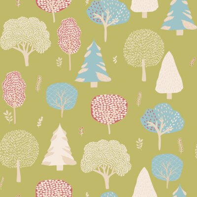 Papier peint à motif  Arbres et plantes sur fond vert