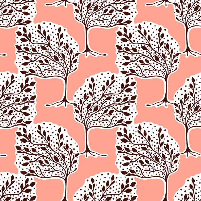 Papier peint à motif  Arbres feuillus sur fond rose