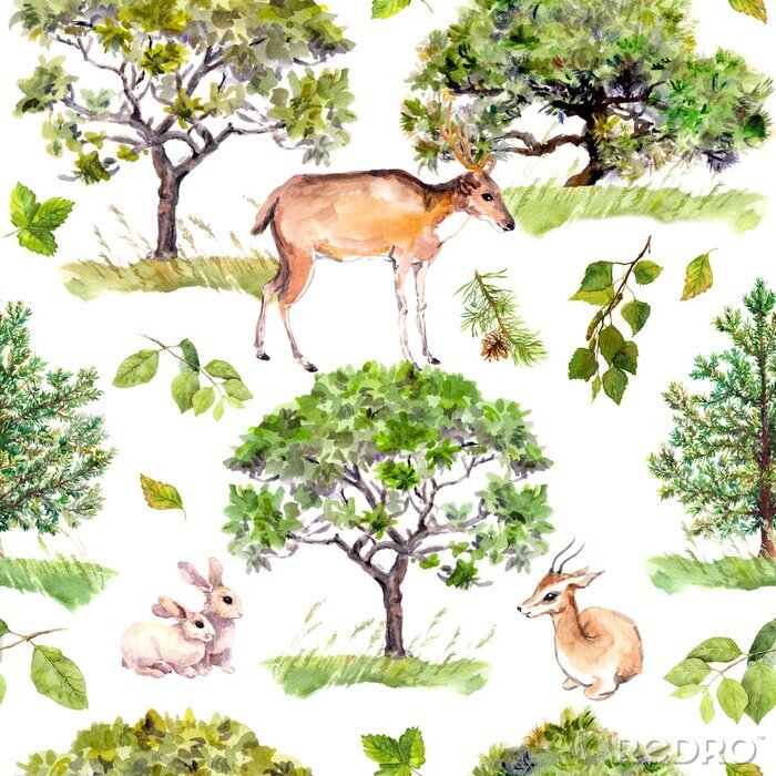 Papier peint à motif  Arbres verts. Parc, modèle forestier avec animaux forestiers - cerf, lapins, antilope. Fond de répétition sans couture. Aquarelle